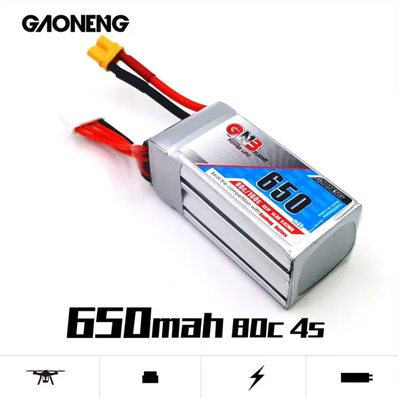 

2PCS Gaoneng GNB Rechargeable 650mAh 14.8V 4S 80C/160C Lipo battery XT30 Plug for FPV Racing Drone RC Quadcopter Helicopter