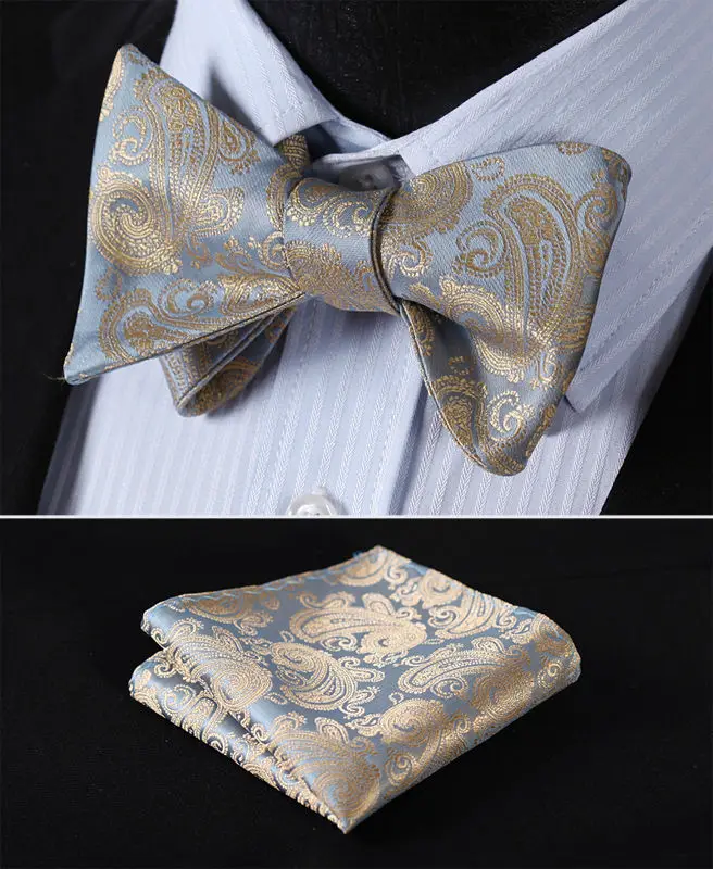  BF424D Gold Blue Floral 100%Silk Jacquard Woven Men Butterfly Self Bow Tie BowTie Pocket Square Han