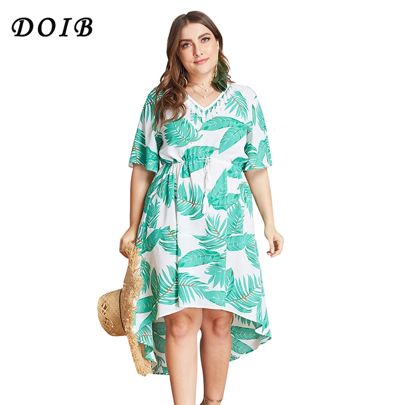 

DOIB Plus Size Dresses Floral Print Green Leave Short Sleeve V Neck Boho Bodycon Dress XL XXL XXXL XXXXL