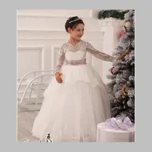 Симпатичные Цветок Девушек, Платья С Длинными Рукавами Кружева Белый Бальные Платья Sheer Девушка Платье Длиной До Пола, Органза Pageant платья