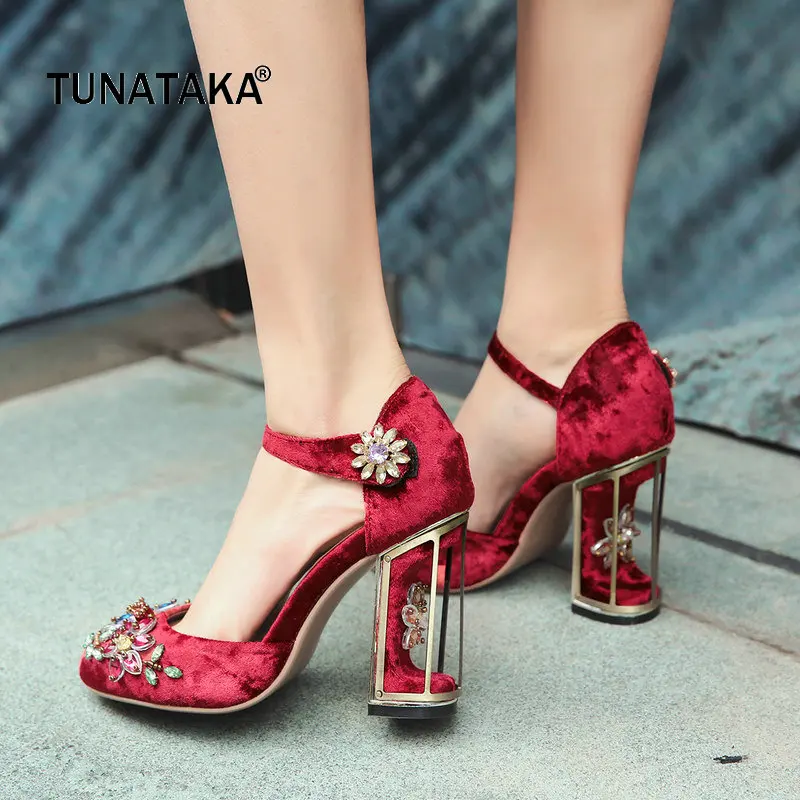 

Summer Woman Shoes Luxury Brand Rhinestone High Heels Sandals Women Wedding Shoes New Velvet Womens Ankle Strap Pumps Shoes