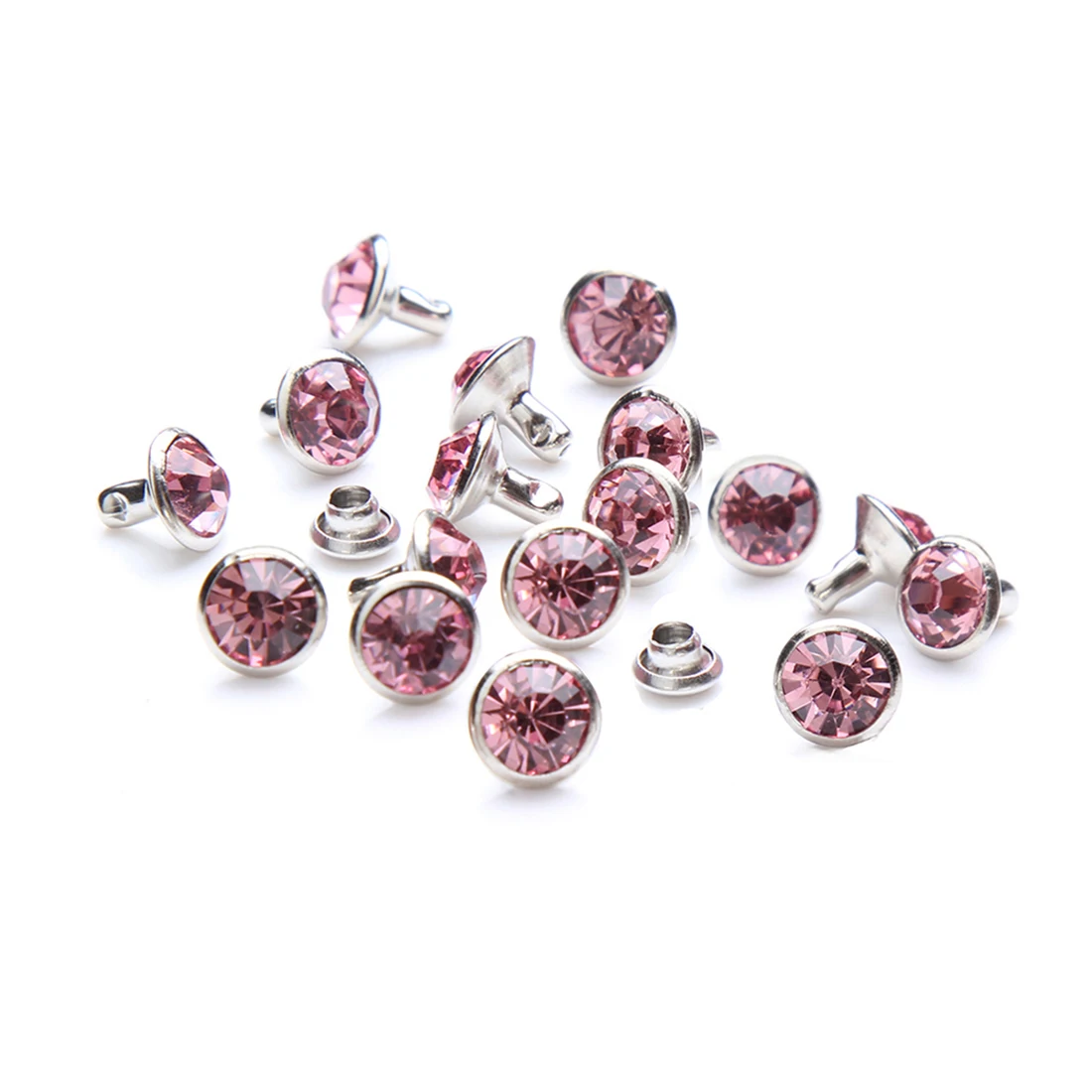 

100Sets 6mm&8mm Light Rose Crystal Rhinestone Rivets Rapid Studs Silver Metal Base for Clothing Bag Leathercraft Rivet