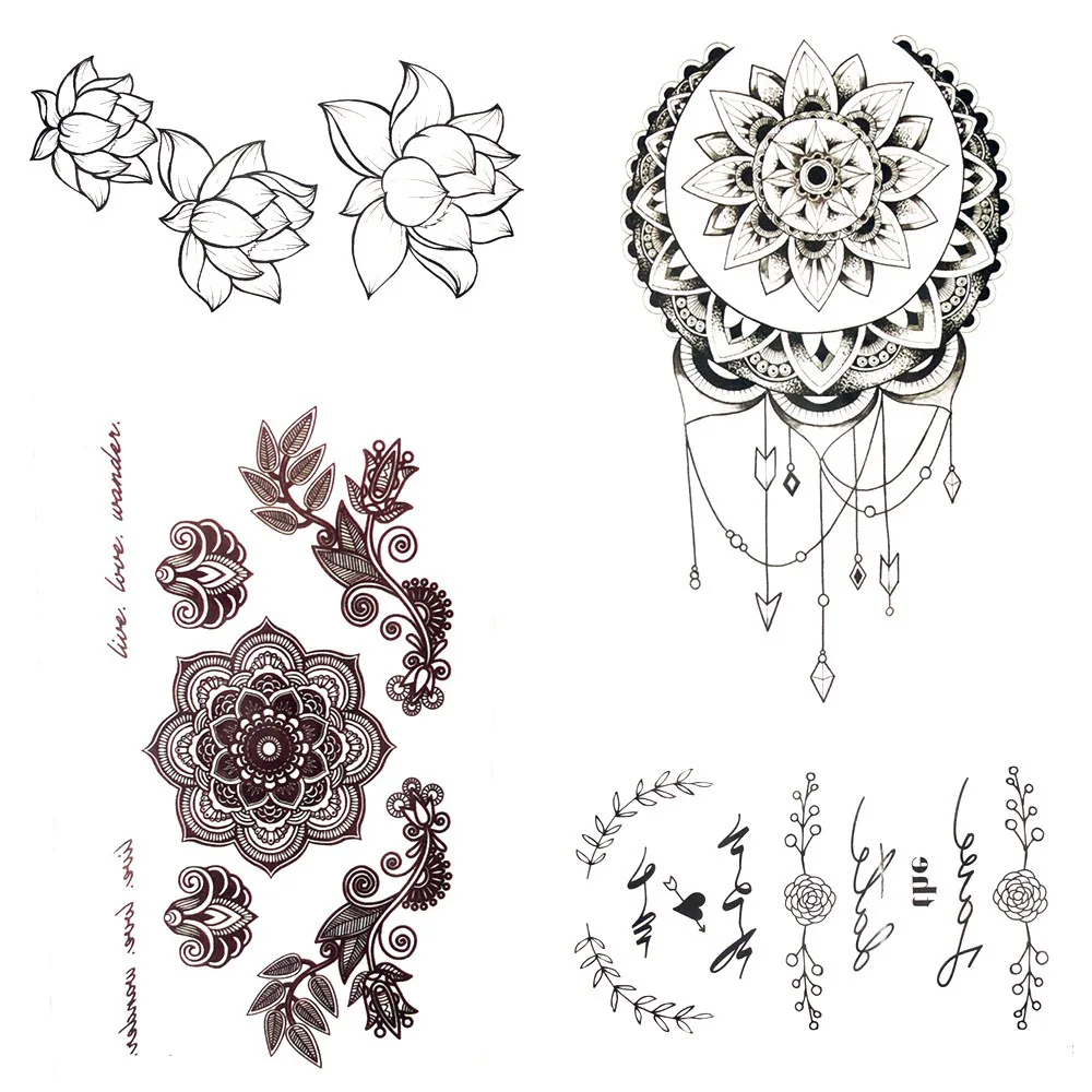 035 23 De Réductionpetit Henné Mandala Fleur Tatouage Temporaire Soleil Lune Corps Bras Poitrine Art Noir Tatouage Filles Mains Maquillage Pointe