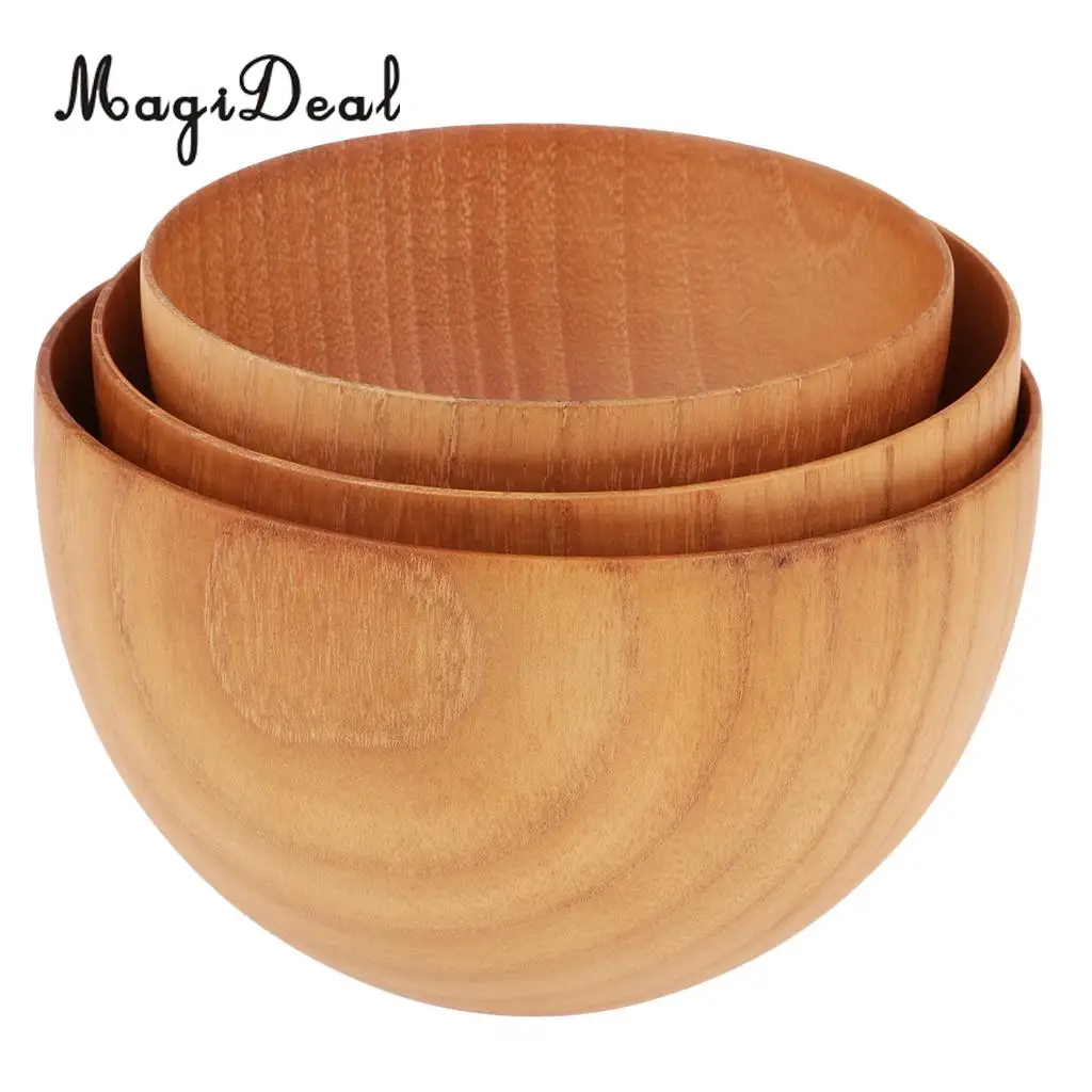 MagiDeal 3pcs Camping Portable Spoon Fork Bowl Set Wood Cereal Soup Container for Dinner Lunch