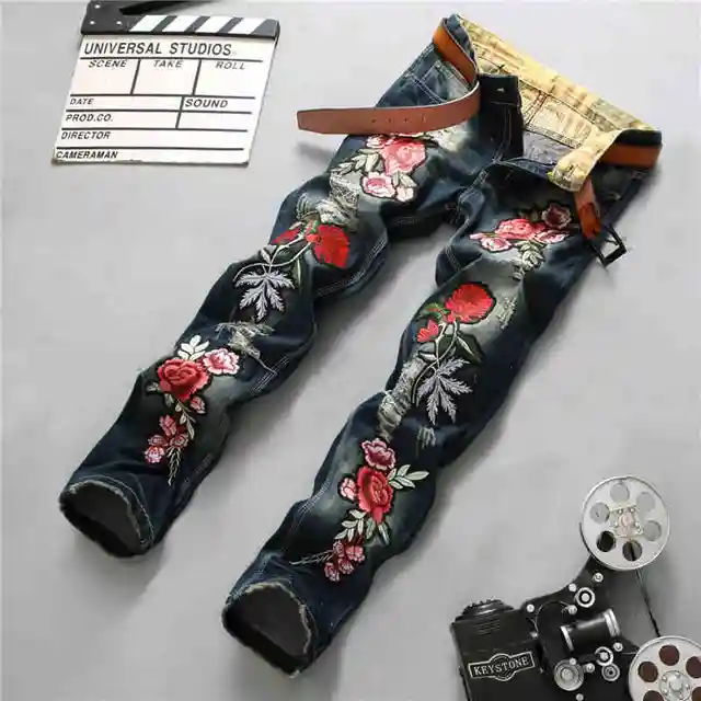 Buy Mens Embroidery Jeans/Vintage Wash Ripped Slim Fit