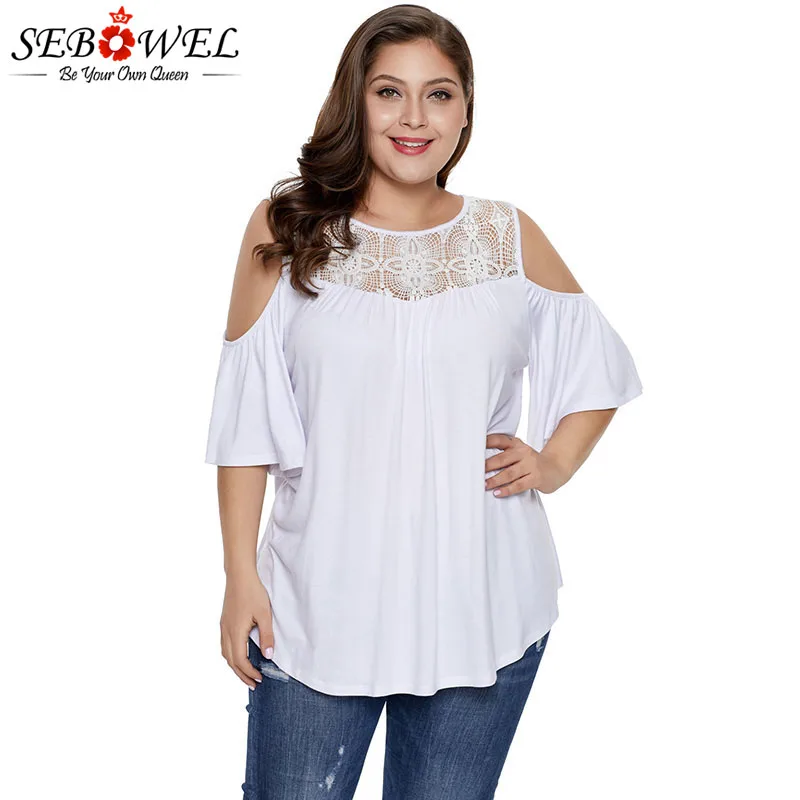 

SEBOWEL Woman White/Black Plus Size Crochet Yoke Cold Shoulder Tops 2019 Summer Female Hollow Out Lace Big Size Blouses Shirts