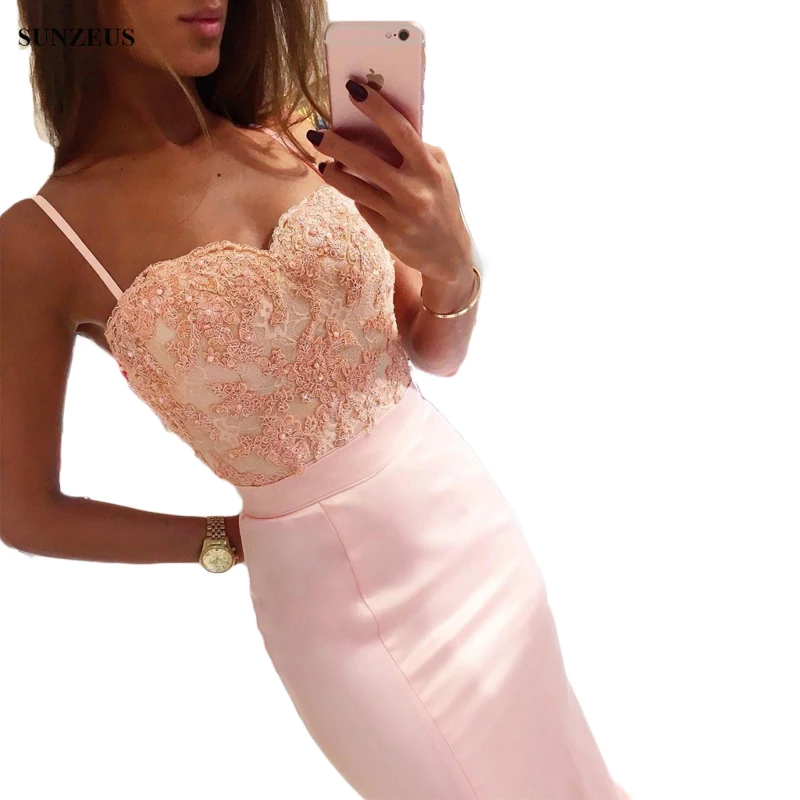 

Mermaid Sweetheart Spaghetti Straps Pink Evening Dresses Appliques Lace Bodice Long Formal Party Gowns SAU557