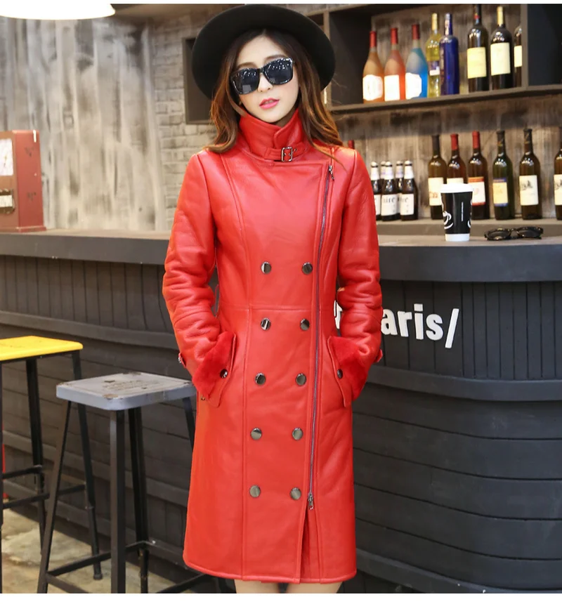 Nouveau 2018 Double Survêtement Veste Streetwear De face Long Femmes Véritable Mérinos Parka Cuir 1 Manteau Capot Réel Fourrure Moutons En D'hiver rrdwg