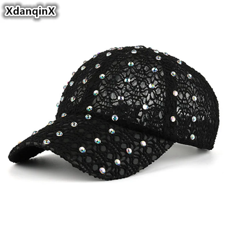

XdanqinX Summer New Style Women's Lace Breathable Baseball Caps Colorful Beads Headdress Decorative Hip Hop Mesh Cap For Women