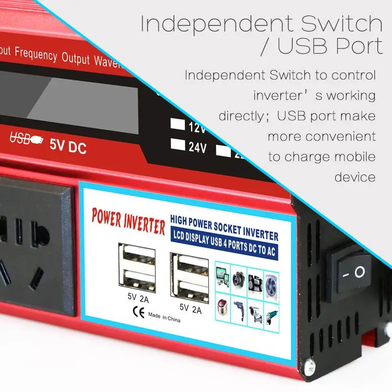 5000W 4 USB, зарядное устройство солнечной Мощность инвертор DC 12/24V к переменному току 220V автомобильный адаптер конвертер бесплатно ЖК-дисплей Дисплей/модифицированным синусом, волновой трансформатор