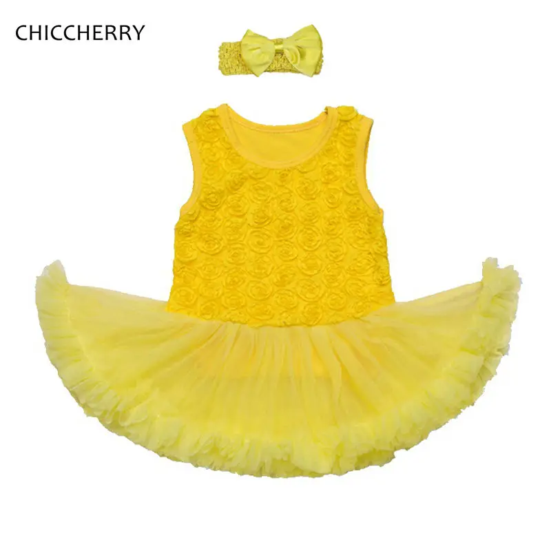 

3D Rose Flower Yellow Infant Wedding Dress Headband Newborn Baby Girl Clothes Dresses for Kids Vestido Bebe 2017 Infant Clothing