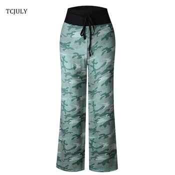 

TCJULY New Breathable Women's Wide Leg Pants Pants High Waist Drawstring Loose Casual Trousers Stretch Printed Full Length Pants