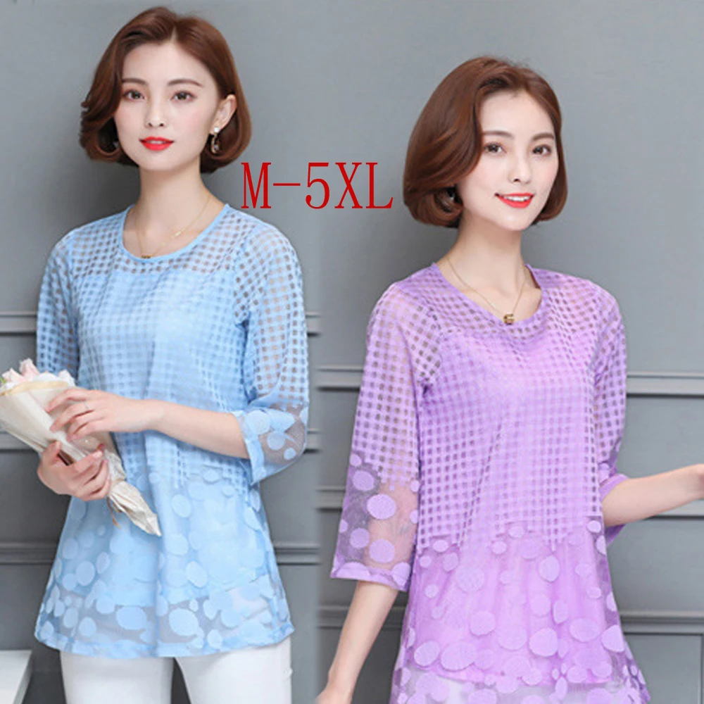 

3/4 Sleeve Top Plus Size Women's Tunics for Summer in Large Sizes Lace Blouse Shirt Hollow Out Clothing Women 2019 Fashion Tops