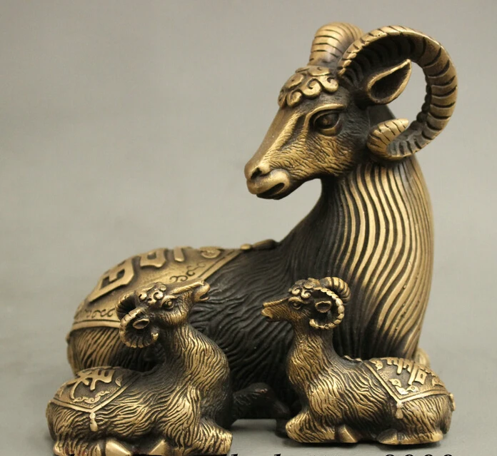 

JP S62 FengShui Chinese Bronze Year Zodiac Animals 3 Sheep Fu Lu Shou Lying Statue B0403
