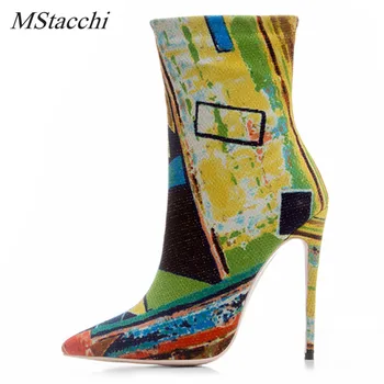 

Mstacchi 2018 Winter Woman Boots Fashion Roman Style Mixed Color Ankle Boots Women Pointed Toe High Heels Boots Large Size 33-43