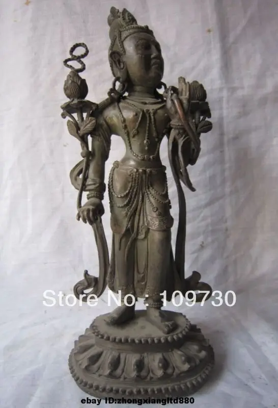 

gg 0041 12" Tibet Tibetan Bronze lotus flower Padmapani Green Tara Kwan-yin Statue