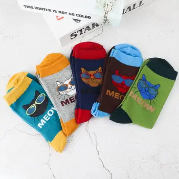 

1 Pair Fashion New Cotton Cartoon Print Sunglasses Cat Funny Socks Comfortable Breathable Men Socks