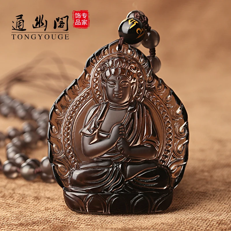 

Light ice Obsidian Dari Buddha Pendant void Tibet Bodhisattva Manjusri and Samantabhadra Buddha patron of this life