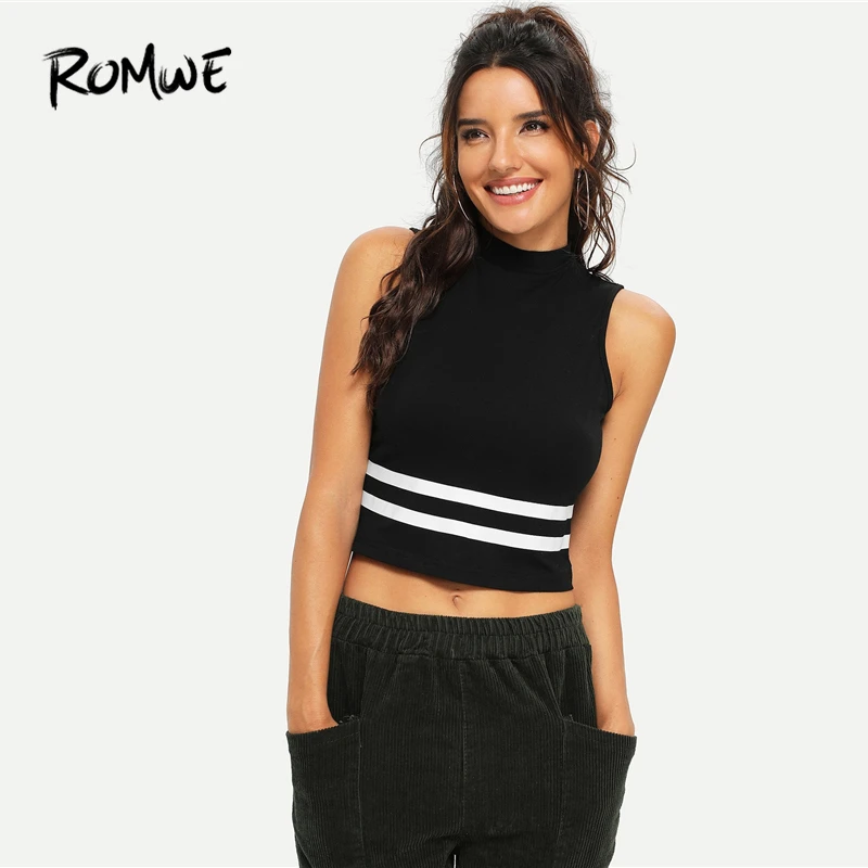 

ROMWE Mock Neck Striped Shell Top Women Stand Collar Sexy Black Spring Autumn Female Tank Tops Fashion Cool Slim Fit Vest