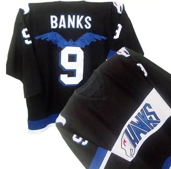 

Mighty Ducks Movie Jersey Hawks 9 Adam Banks 9 Iceland Gunnar Stahl Stitched Embroidery Logos Throwback Hockey Jerseys