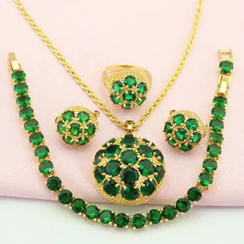 

WPAITKYS Trendy Green Stone Gold Color Jewelry Set For Women Bijouterie Earrings Pendant Ring Bracelets Free Chain Gift Box