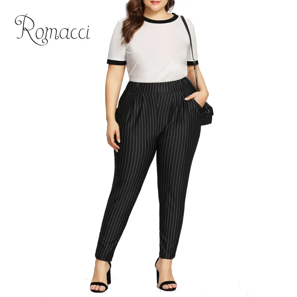 

Romacci Women 5XL Plus Size Pants Striped Print High Waist Harem Pants Pocket OL Casual Slim Trousers Black Pantalon Large Femme