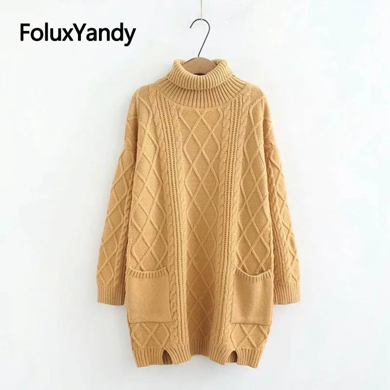 Thick Sweater for Autumn Winter Casual Women Plus Size Loose Long Sleeve Pockets Knitted Turtleneck Sweater Pullovers KKFY2909