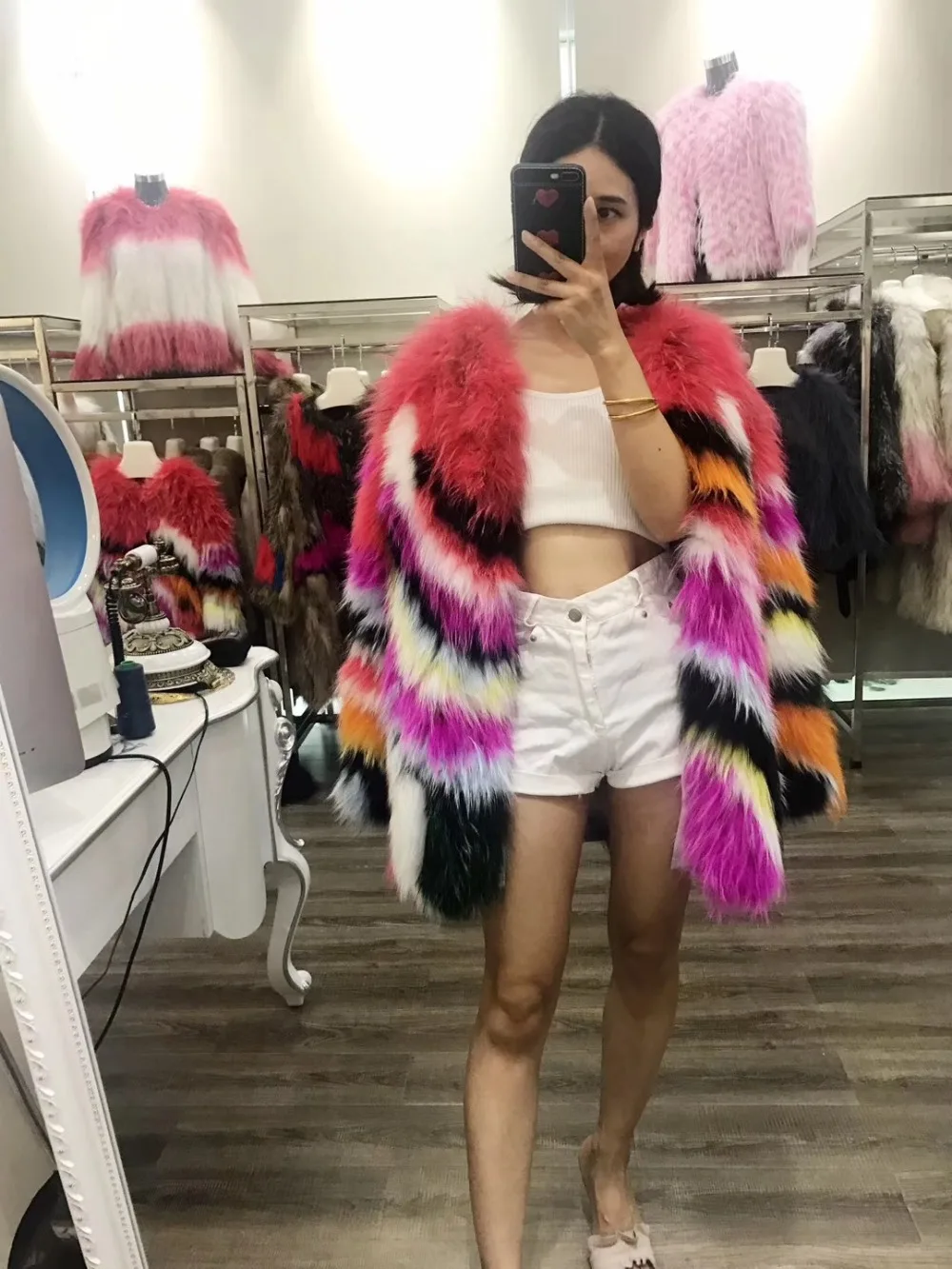 

SQXR FUR real Raccoon Dog fur coat Knitted fur coat women natural fur jacket red colorful