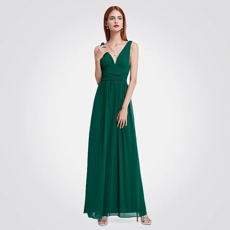 Vestido Fiesta Mujer Ever Pretty, длинное шифоновое свадебное платье трапециевидной формы с v-образным вырезом, элегантные королевские синие платья подружек невесты - Цвет: Dark Green