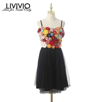 

[LIVIVIO] Floral Sleeveless Strapless 2019 Summer White and Black Women Mesh Midi Lolita Dress Korean Ladies Elegant Clothes New