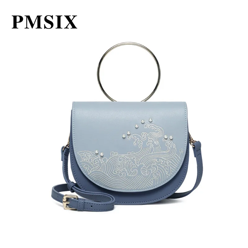 

PMSIX Vintage Women Handbags Metal Top-handle Clutch Bag Embroidery Flowers Pearl Crossbody Bags Fashion Messenger Bags