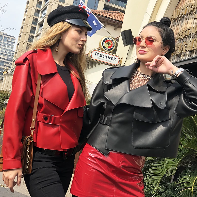 

EIFURKOP Lady's Coat Genuine Sheepskin Leather Jacket Oversize Women Fashion Short Leather Coats for Autumn Female Overcoat