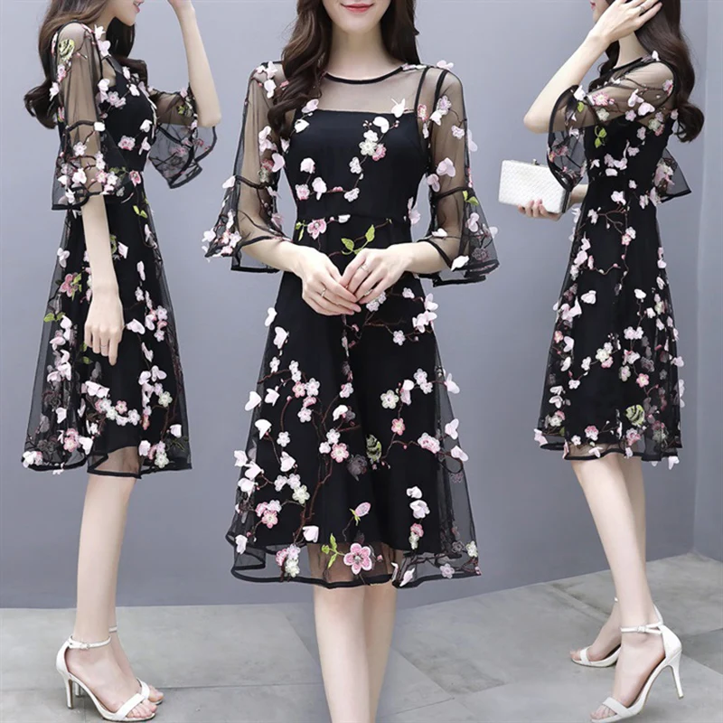 

Women Dress Summer Spring Autumn Black Floral A Line Chiffon Beauty Dress