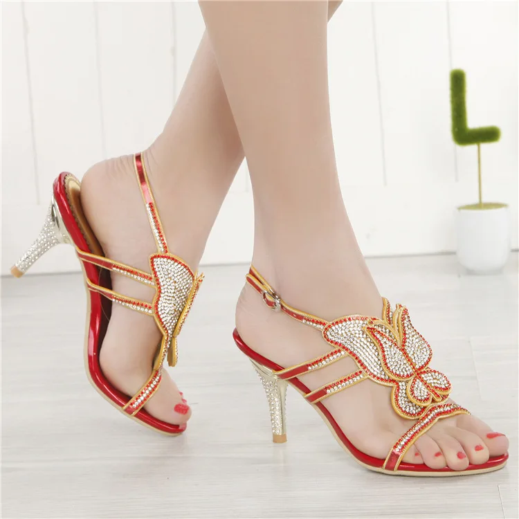G-sparrow 2018 Womens Summer New High-heeled Sandals Stiletto Diamonds Crystal Sexy Elegant Fashion Red Wedding Shoes 8cm7