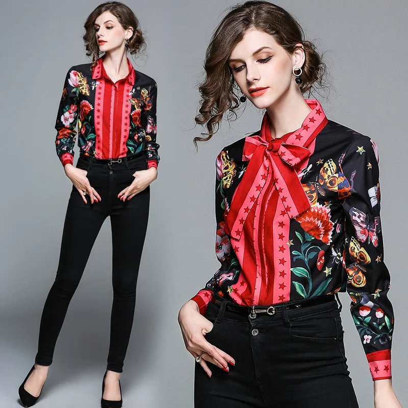 Kopen Sterren Vlinder Bloemen Print Shirts 2018 Lente Herfst Vrouwen Blouse Casual Lange Mouw Elegante Boog Blouse Fashion Tops Zwart