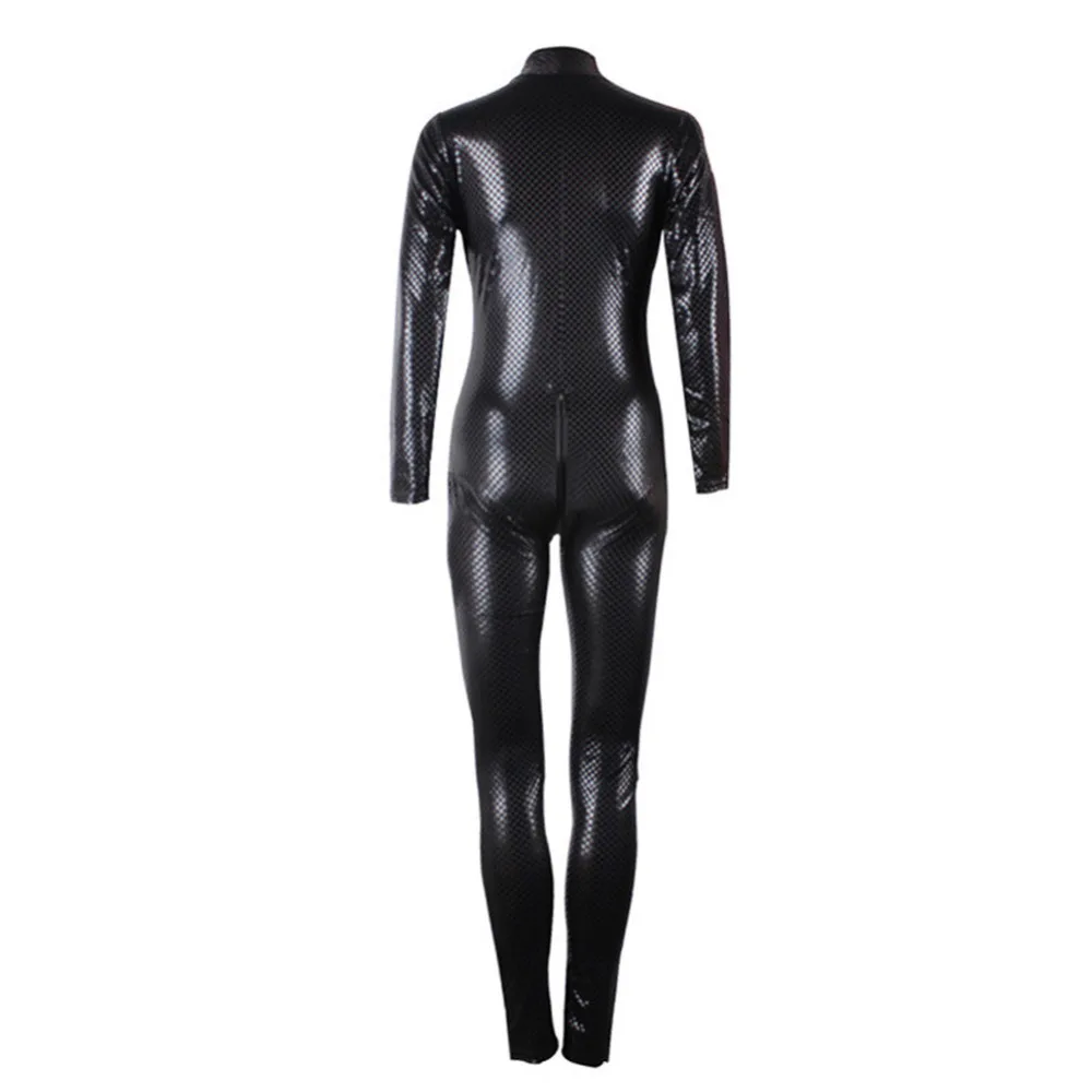 Lady Sexy Faux Leather Latex Zentai Catsuit Smooth Wetlook Jumpsuit Front Zipper Elastic Black PU Bodysuit Slim Clubwear 