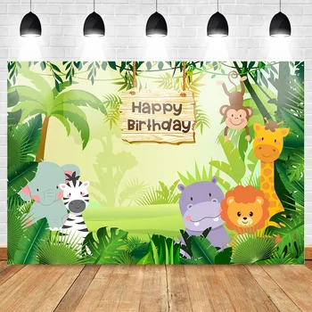

Neoback Jungle Theme Birthday Party Photography Backdrop Wild Forest Animal Cartoon Background Lovely Elephant Zebra Monkey