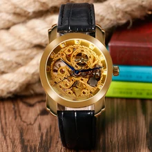 WINNER Luxury Fashion Skeleton Mechanical Wrist Watch Gold Dial Black Leather Band Strap Automatic Self-Wind Men Women Watches