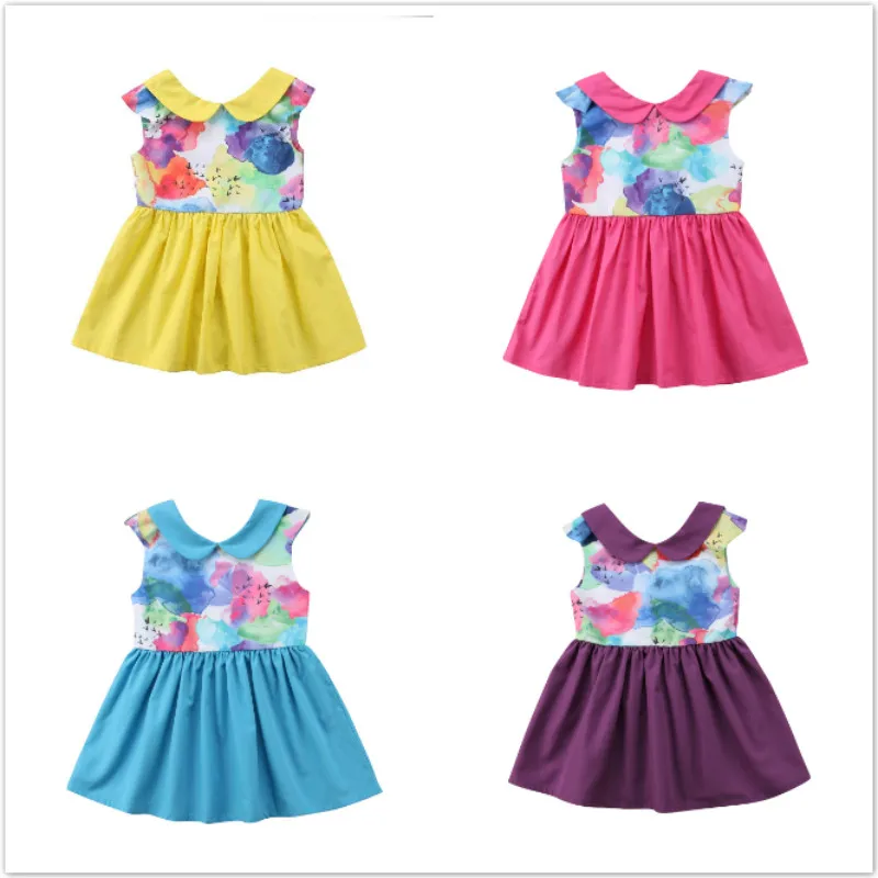 Cute Kids Baby Girl Dresses Printed Candy Color Cute Girls Dress Patchwork Girls Summer Mini Dress Yellow Pink Blue Purple 2-6T