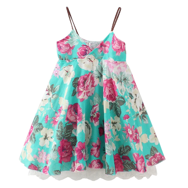 

LittleSpring Summer Flower Printed Sleeveless Lace Lap Gallus Kids Dress girls summer dress kids clothes girls