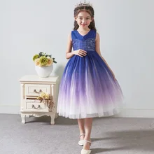 Летнее свадебное платье с цветочным узором для девочек в европейском и американском стиле платье с градиентом цвета высококачественное детское длинное платье с блестками