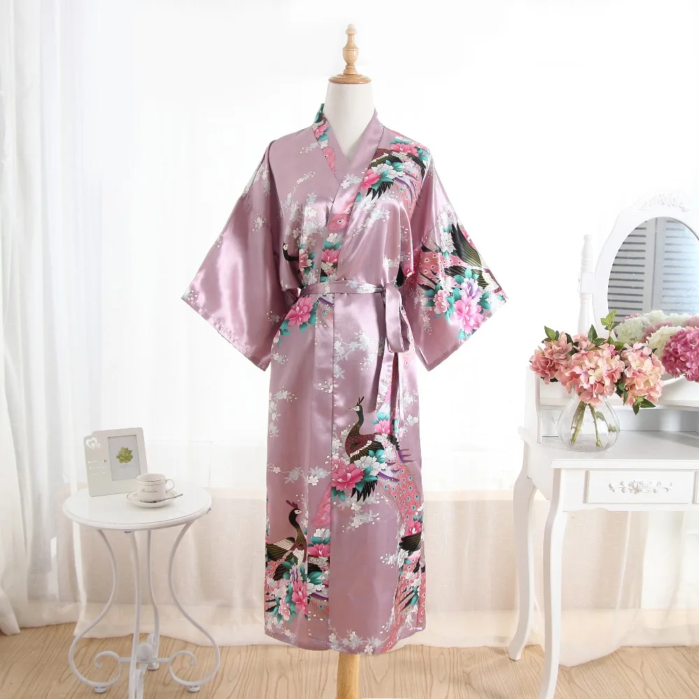 Винтажный Розовый Женский Длинный Атласный халат кимоно платье подружки невесты Свадебная сексуальная ночная рубашка Новинка принт банная одежда для сна, один размер T068