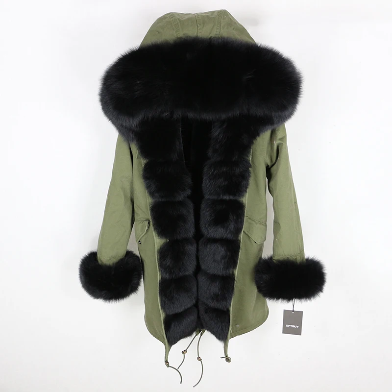 Brand Real Fur Coat Fashion Winter Jacket Women Natural Real Fox Fur Collar Loose Long Parkas Big Fur Outerwear Detachable - Цвет: green black