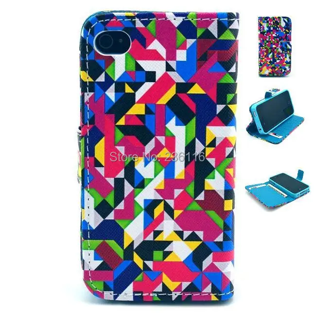 Diamond Puzzle Pattern PU Leather Case with Stand Cover for Apple iPhone 4 4S Shell |