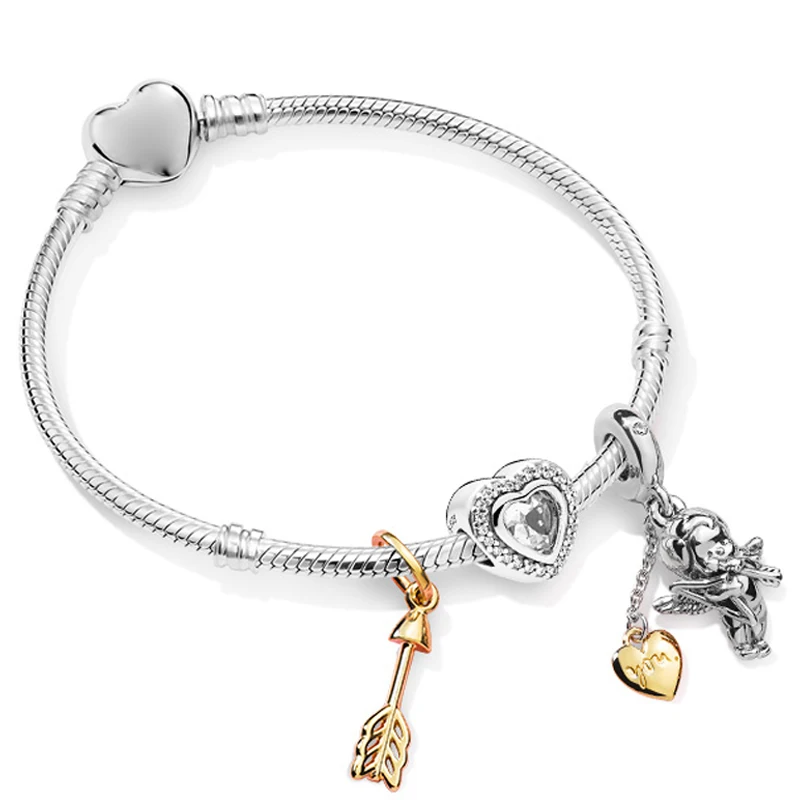 

GM 100% 925 Sterling Silver ZT0245 Shining Love Cupid's Arrow Grain Heart Shaped Stringed Bracelet Valentine's Day Set