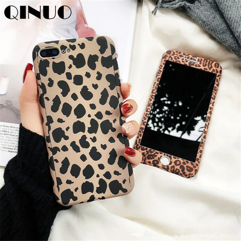 

QINUO Leopard 360 Full Cover Case for iPhone X XS Max XR 6 6S 7 8 Plus 5 5S Hard Matte Tempered Glass Protective Telefon Kilifi