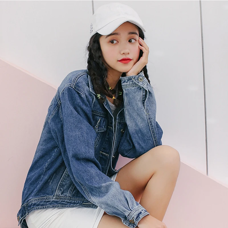 

female jacket Boyfriend Denim Jacket Autumn Womens Coats blue Lapel Single Breasted Casual Fall Jacket high quality Spell Color
