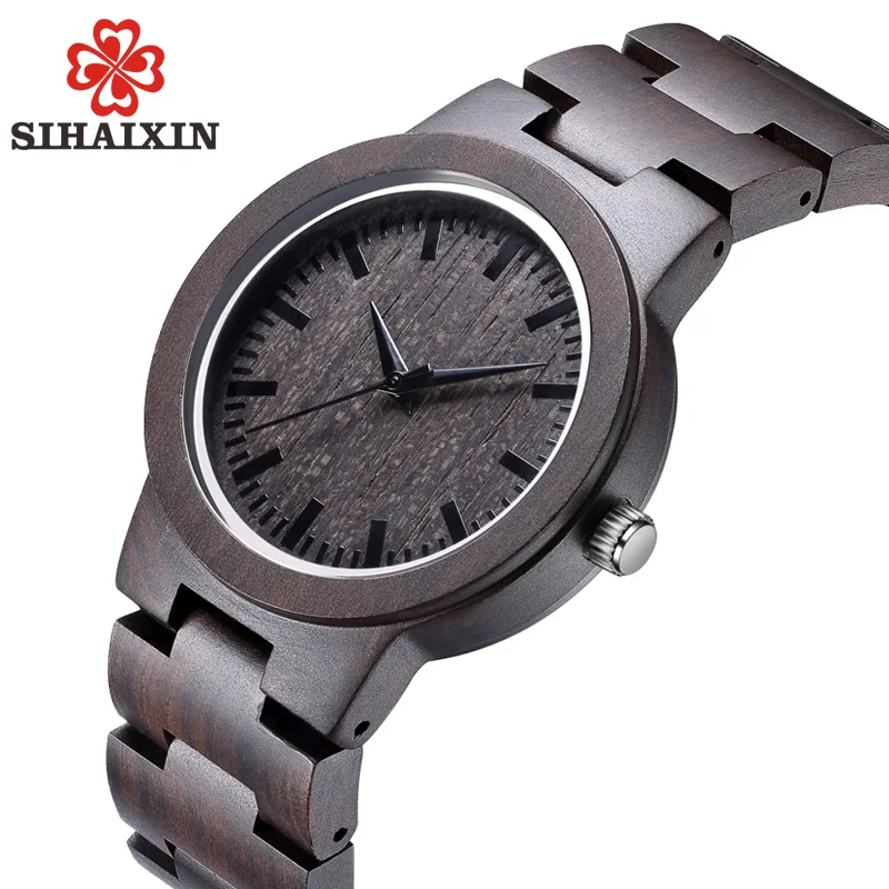 SIHAIXIN новые натуральные черные сандаловые Мужские Аналоговые часы простые