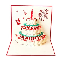 Happy Birthday Postcard Greeting Gift Cards Paper 3D Handmade Pop Up Laser Cut Vintage Cake with Envelope red-SCLL