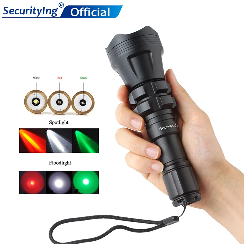 

SecurityIng Hunting Flashlight XM-L2 U4 Red / Green / White Led 900LM 5 Modes Zoomable Waterproof Torch + Remote Pressure Switch